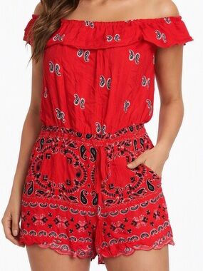 VENUS Y2K Red Romper Ruffle off shoulder paisley print pattern Size small retro